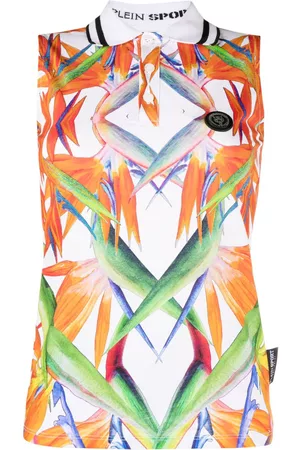 Philipp Plein Women Strapless Tops - Floral-print sleeveless cotton polo top