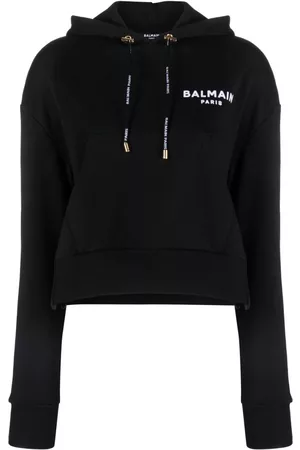 Balmain Women Hoodies - Flocked-logo cropped hoodie