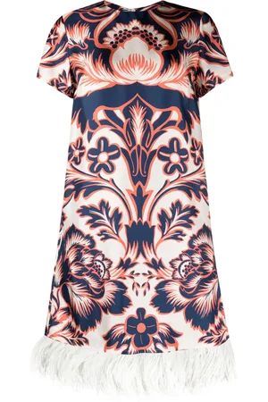 La DoubleJ Floral-print feather-trim minidress