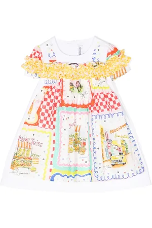 Simonetta Illustration-print ruffle-trim flared dress