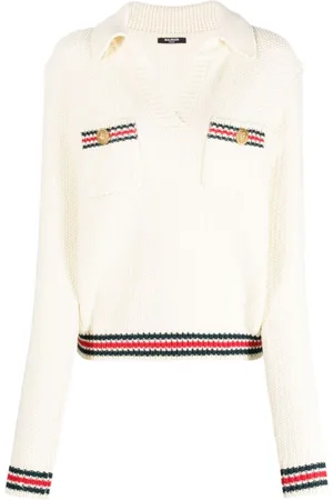 Balmain Striped-trim textured polo shirt