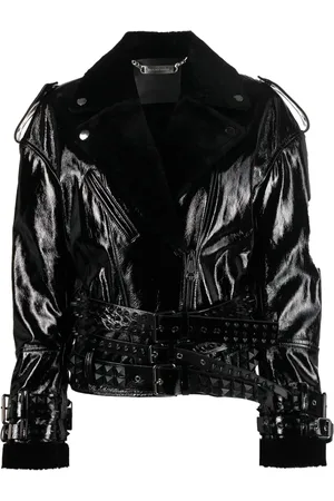 Philipp Plein Shearling-collar patent-leather jacket