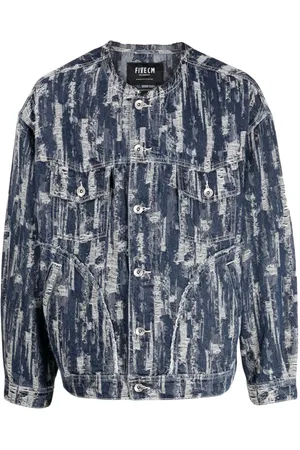FIVE CM Ripped-design collarless denim jacket