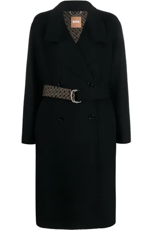 HUGO BOSS Monogram-jacquard belt wool-blend coat