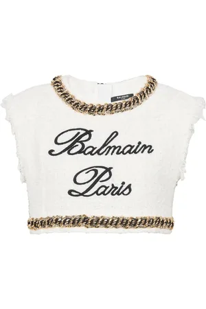 Balmain Signature-embroidered tweed crop top