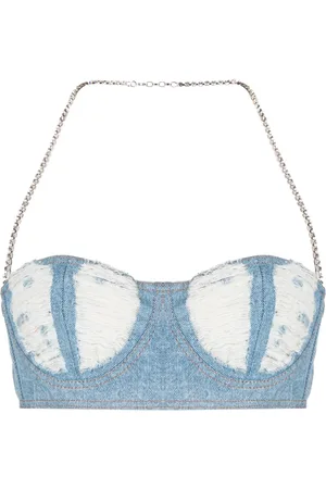 GCDS Ribbed washed-denim crop top