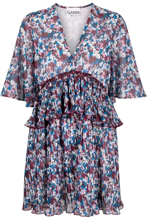Ganni Pleated floral-print minidress