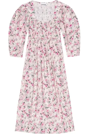 Ganni Floral-print puff-sleeves midi dress