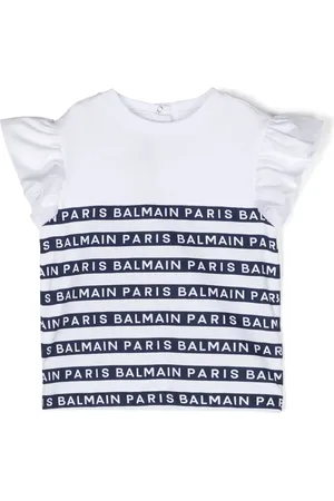 Balmain Logo-stripes ruffle-sleeves T-shirt