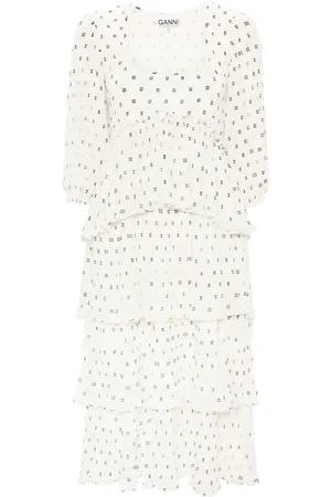 Ganni Monogram-print pleated midi dress