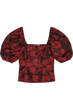Ganni Botanical-print short puff-sleeve cropped top
