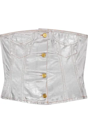 Ganni Foiled-finish organic-cotton denim top