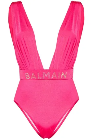 Balmain Rhinestone-detailed draped swimsuit