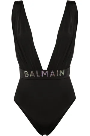 Balmain Rhinestone-detailed draped swimsuit