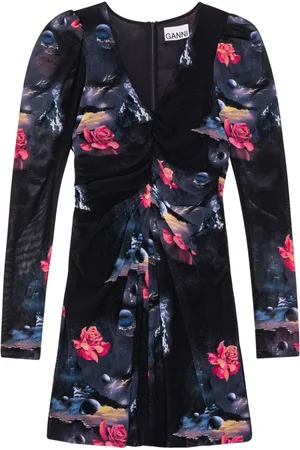 Ganni Graphic-print gathered minidress