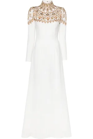 Dina Melwani Crystal-embellished crepe gown