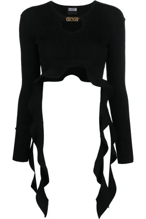 VERSACE Ruffled ribbed-knit cropped top
