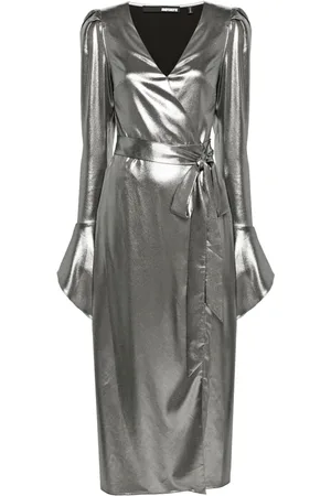 ROTATE Lamé wrap midi dress