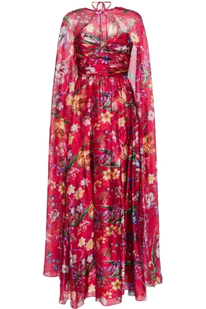 Marchesa Notte Ribbons floral-print cape gown