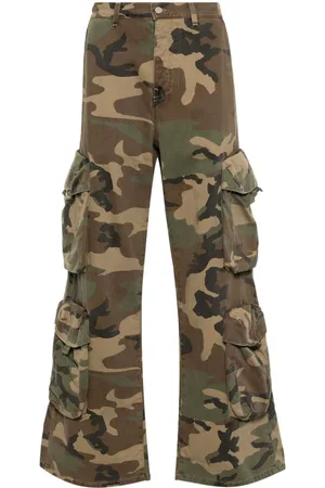 Mens Cargo Camo Pants Flare Bell Bottom Trousers Pockets Leopard