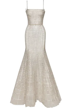 Oscar de la Renta Crystal-grid embroidered trumpet dress