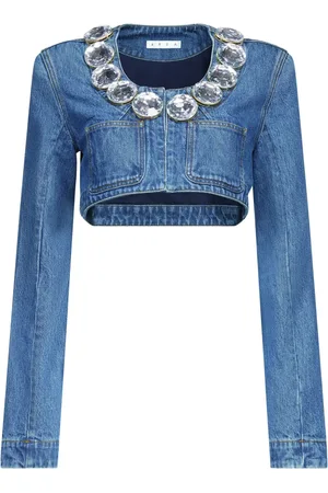 AREA Crystal-embellished cropped denim jacket