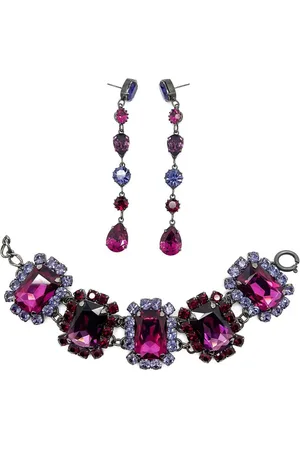JENNIFER GIBSON JEWELLERY Vintage Hot Pink & Amethyst Crystal Bracelet & Drop Earrings 1980s
