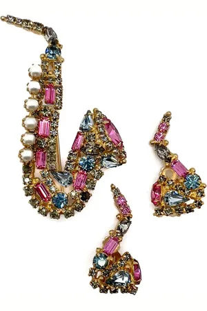 JENNIFER GIBSON JEWELLERY Vintage Original by Robert Crystal Saxophone Brooch & Earrings 1960s
