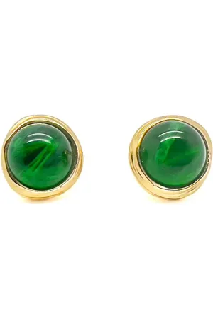 JENNIFER GIBSON JEWELLERY Vintage Christian Dior Flawed Emerald Glass Cabochon Earrings 1980s