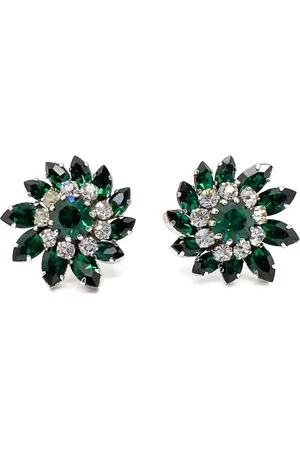 JENNIFER GIBSON JEWELLERY Vintage Austrian Emerald Crystal Floral Earrings 1950s