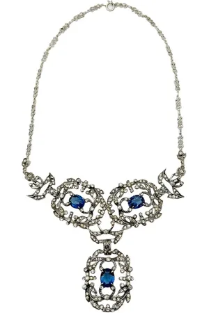 JENNIFER GIBSON JEWELLERY Vintage Castlecliffe Renaissance Sterling Silver & Sapphire Paste Necklace 1940s