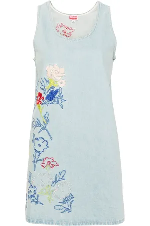Kenzo Drawn Flowers-embroidered denim dress