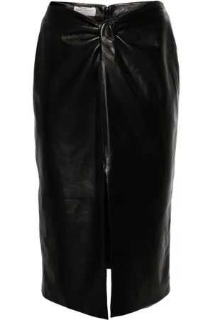 Saint Laurent Gathered leather midi skirt