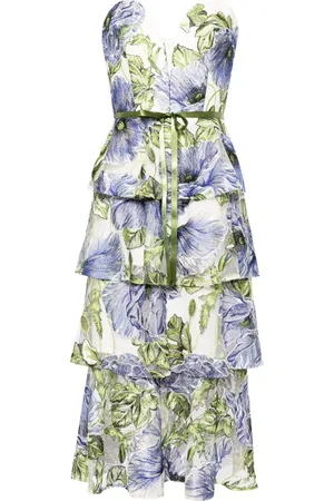 Marchesa Notte Floral-embroidered tiered midi dress