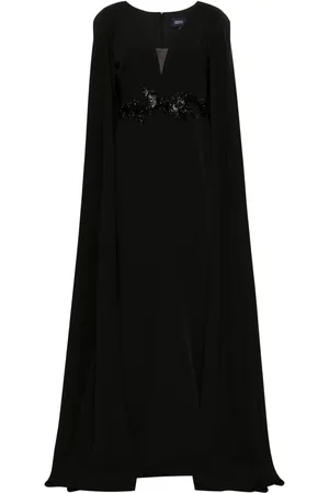 Marchesa Notte Floral-appliqué cape gown