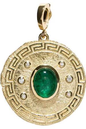 Azlee 18kt yellow large Greek emerald and diamong coin pendant
