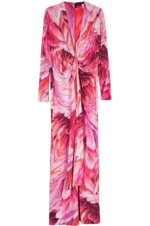 Roberto Cavalli Feather-print ruched maxi dress