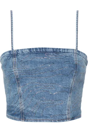 ROTATE Rhinestoned denim cropped top
