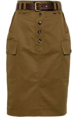 Saint Laurent Cassandre-embroidered belted pencil skirt