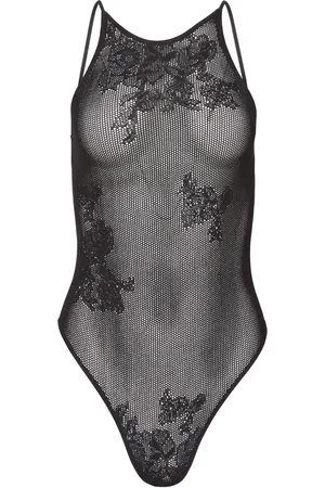 FLEUR DU MAL Pointelle-knit lace racer bodysuit