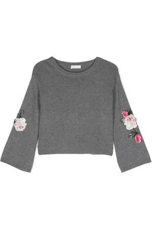MONNALISA Floral-appliqué wool blend jumper