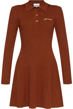 Ganni Logo-embroidered ribbed-knit polo dress