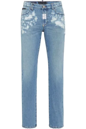 Philipp Plein Ripped-detail low-rise straight-leg jeans