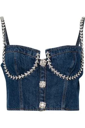 Self-Portrait Crystal-embellished denim bustier top