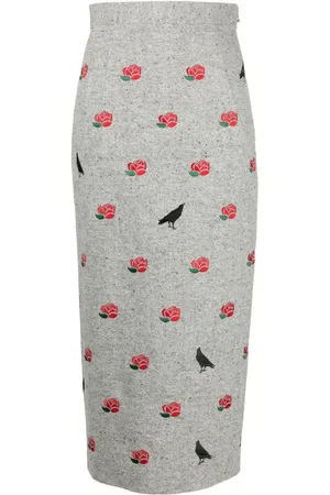 Thom Browne Rose-embroidered wool pencil skirt