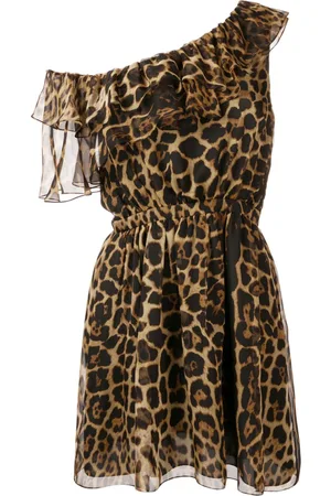 Saint Laurent One-shoulder leopard print dress
