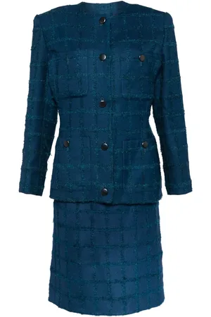 Saint Laurent 1990-2000 checkered collarless skirt suit