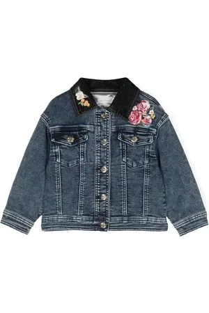 MONNALISA Floral-embroidered padded denim jacket