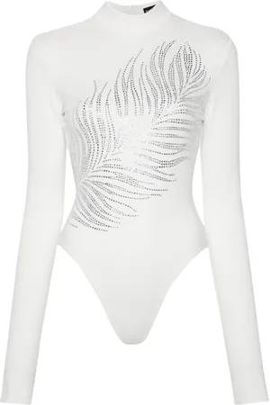 DAVID KOMA Crystal-embellished feather-print bodysuit