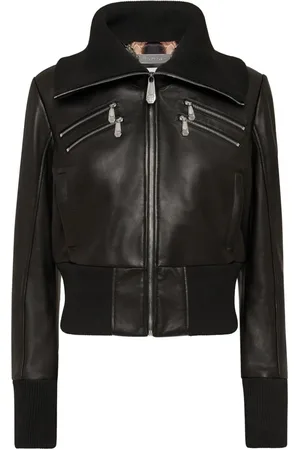 Philipp Plein Knitted-collar zipped leather jacket
